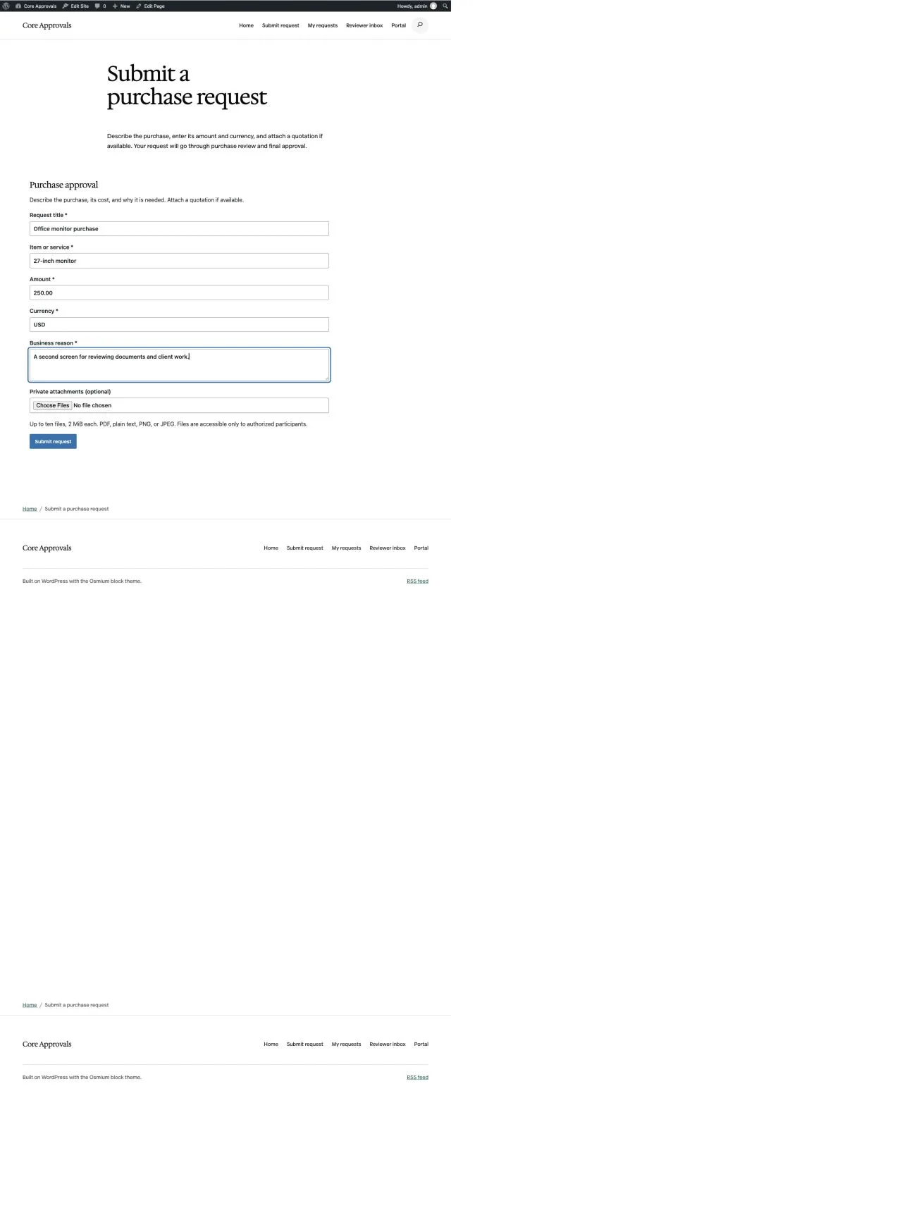 Core Approvals purchase request form with sample data in Osmium