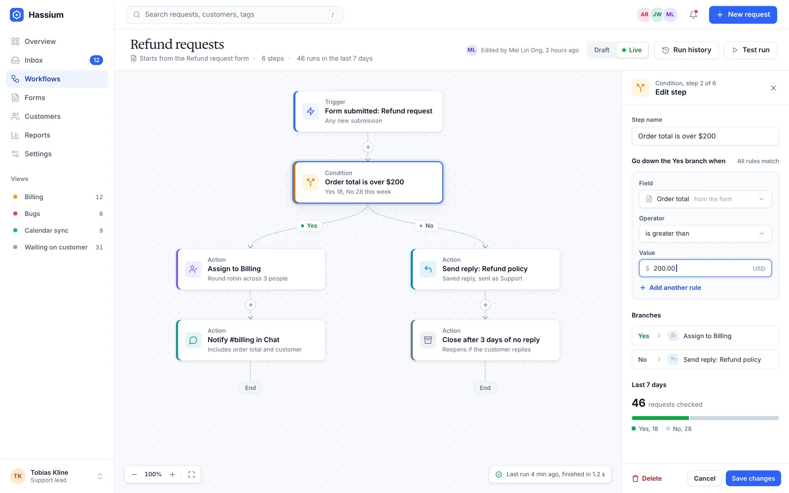 Hassium's workflow builder with a refund workflow that checks the order amount and splits into two branches