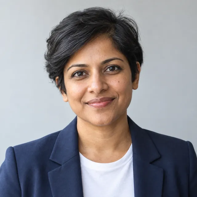 Asha Raman, co-founder and CEO of Hassium, in a navy blazer against a pale gray wall