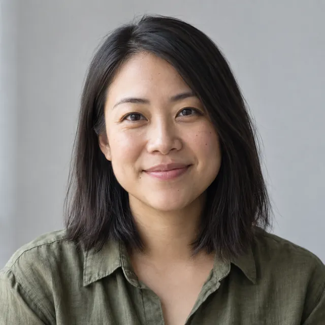 Mei Lin Ong, with shoulder-length dark hair, in an olive shirt