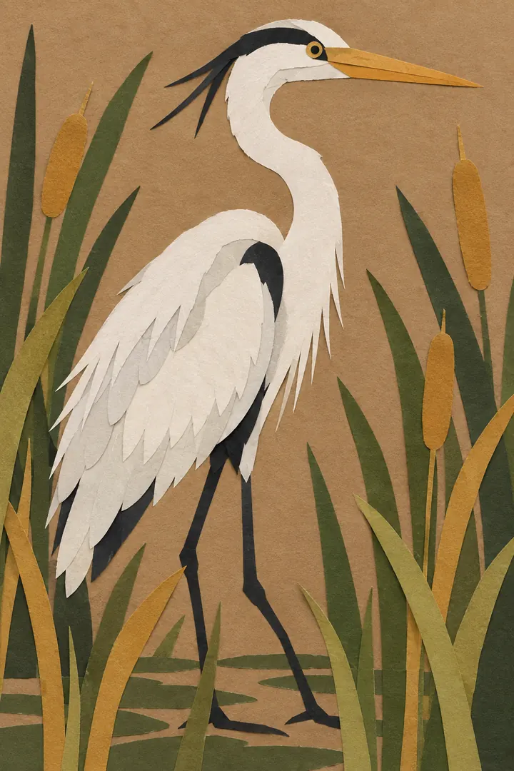 Cut-paper collage of a white heron with a yellow beak wading through green reeds and brown cattails on kraft paper