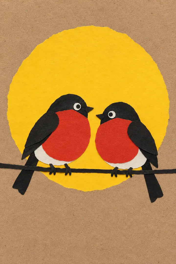 Cut-paper collage of two round red-breasted birds on a wire in front of a yellow sun