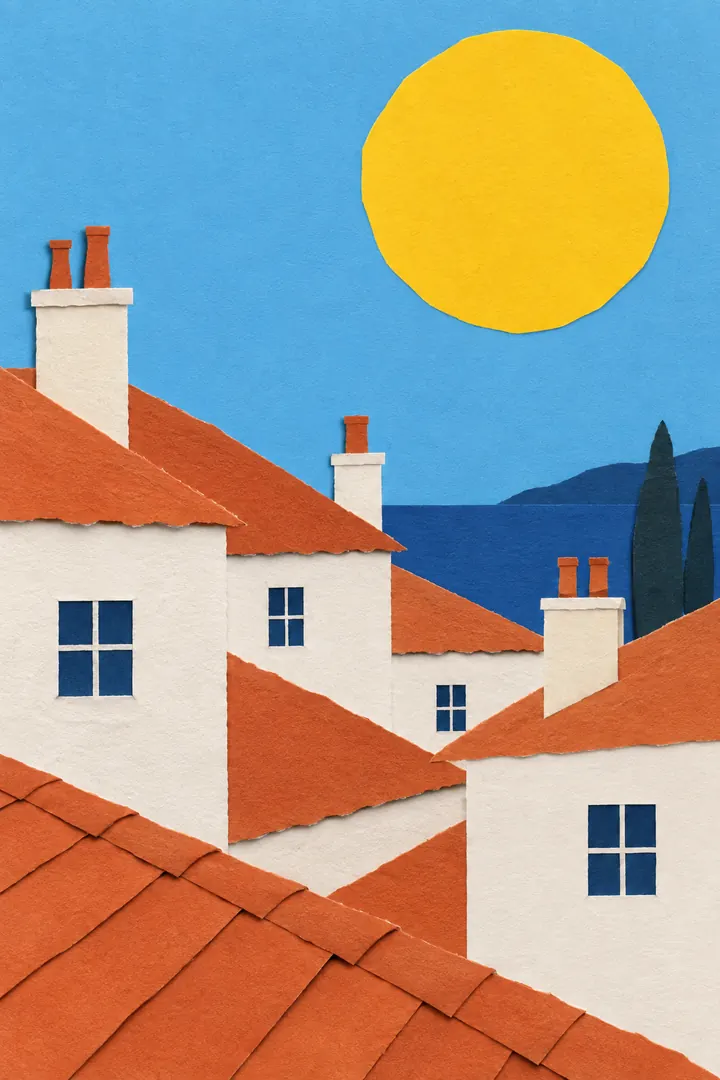 Cut-paper collage of white houses with orange tiled roofs and chimneys under a big yellow sun, with blue sea and two dark cypress trees behind