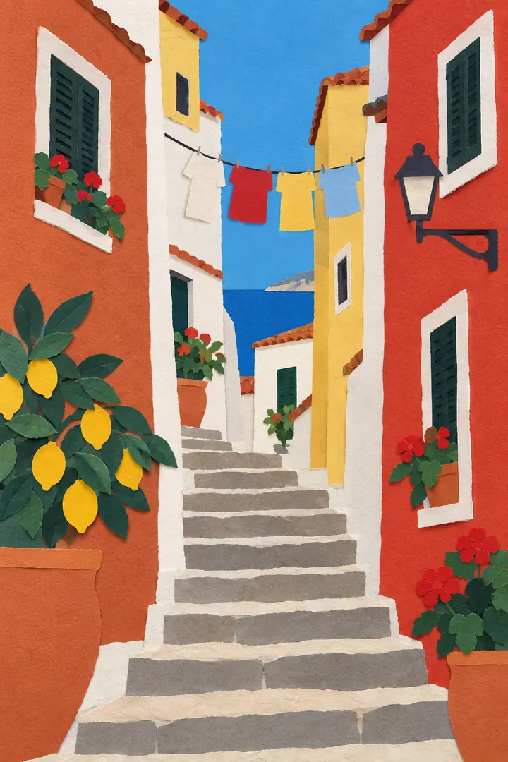 Cut-paper collage of a stone stairway climbing between orange and yellow houses, with laundry on a line overhead