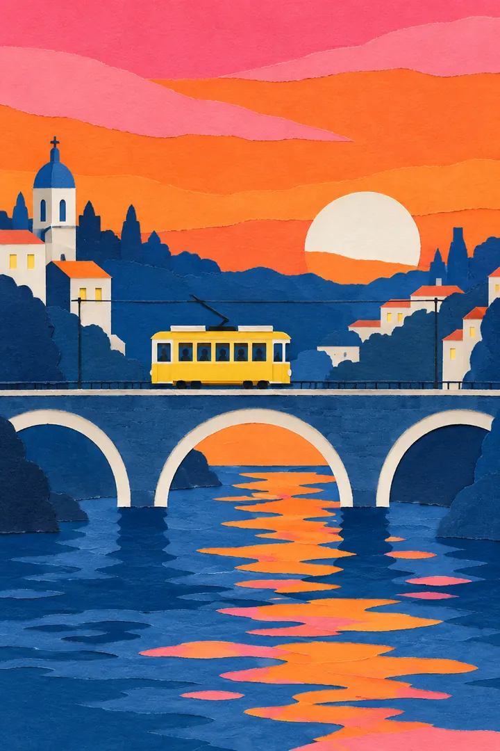 Cut-paper collage of a yellow tram crossing an arched bridge over a river at dusk under an orange and pink sky