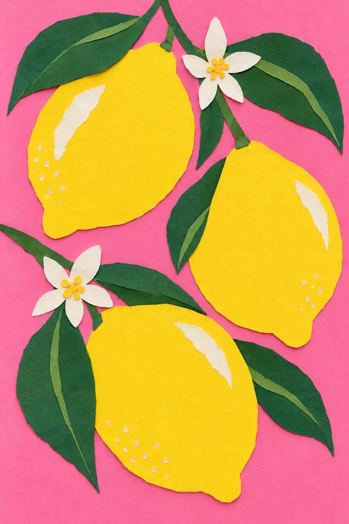 Cut-paper collage of three yellow lemons with dark green leaves and white blossoms on pink