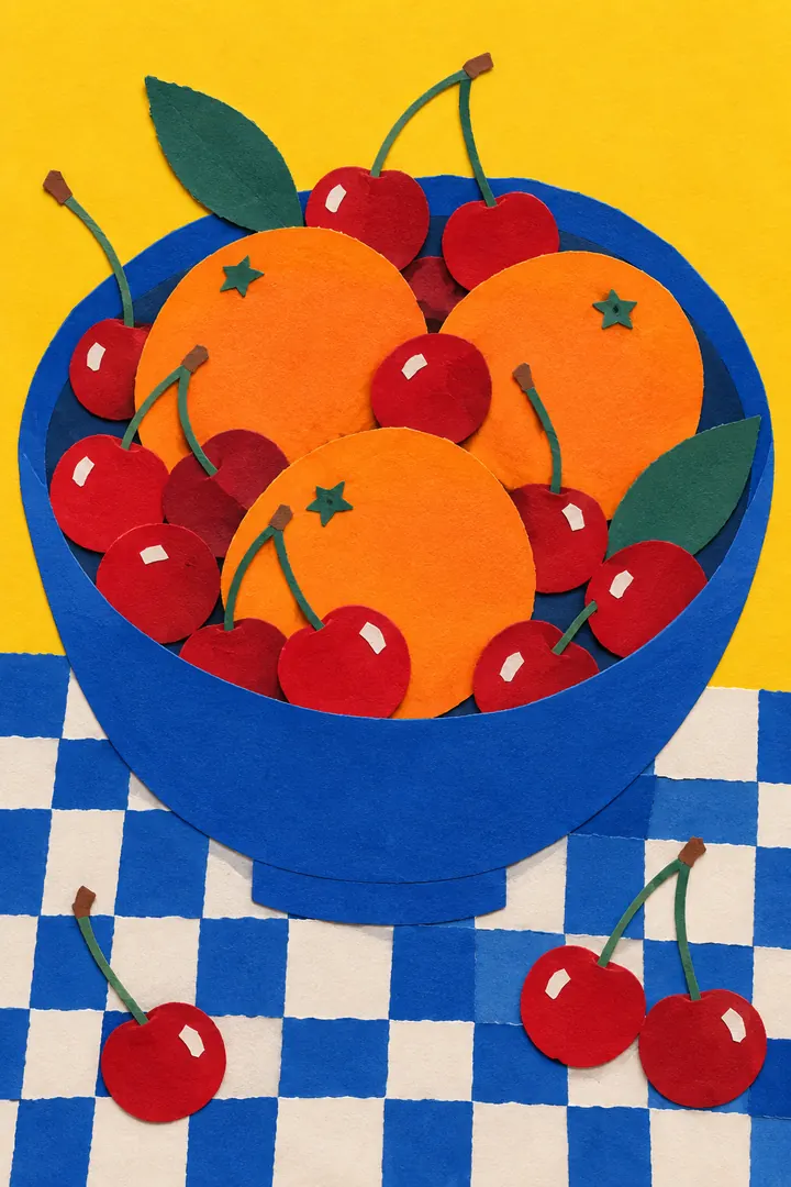 Cut-paper collage of a blue bowl of oranges and red cherries on a blue and white checked cloth against yellow paper