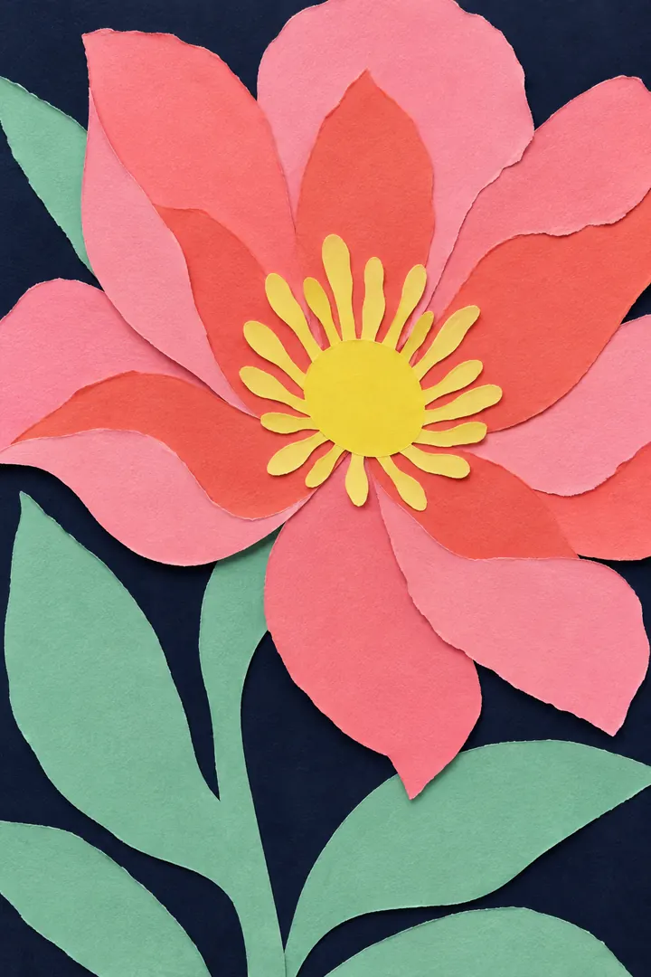 Cut-paper collage of one big flower with pink and coral petals and a yellow center, on mint leaves against navy paper