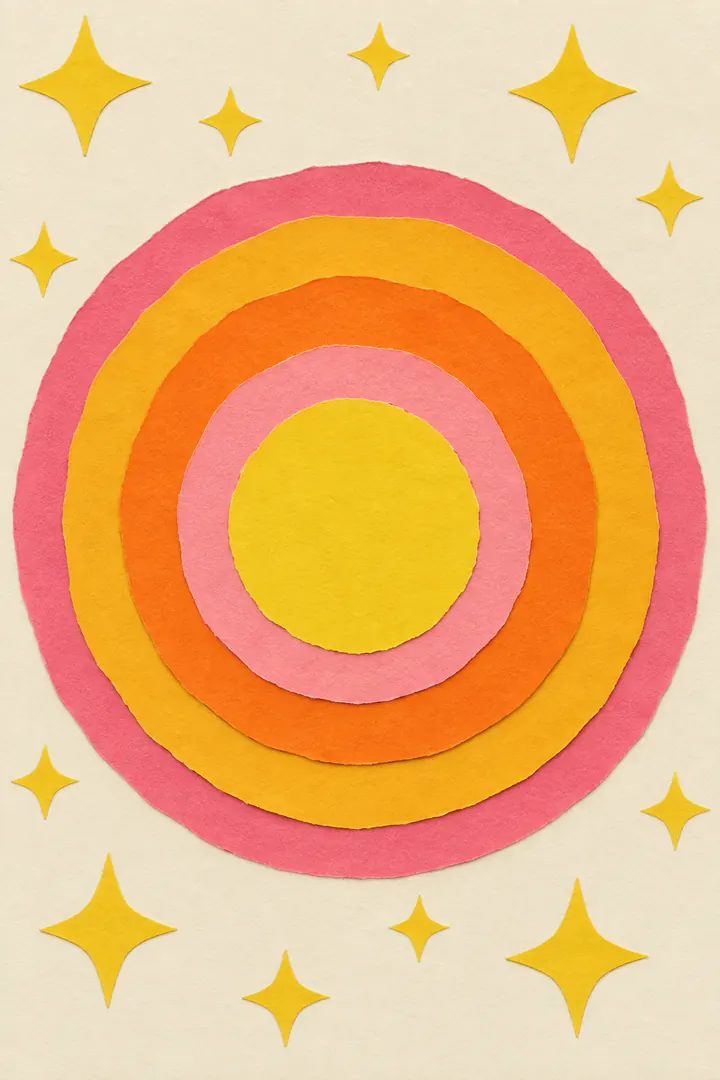 Cut-paper collage of a sun made of rings of pink, orange, and yellow paper among small yellow stars