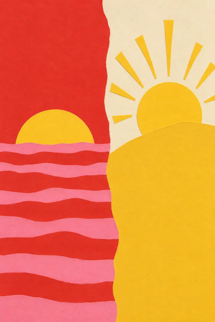 Cut-paper collage split in two: a yellow sun setting into red and pink stripes, and a rayed yellow sun over a yellow hill