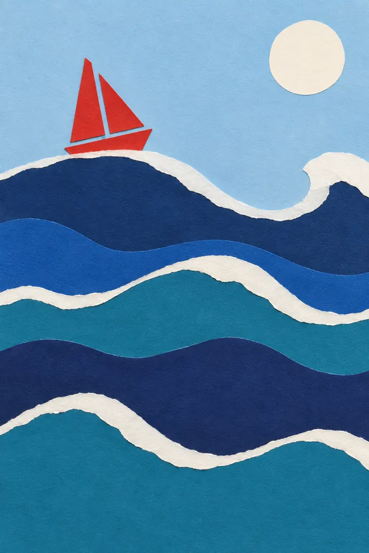 Cut-paper collage of blue waves stacked in bands with a small red sailboat on the top wave