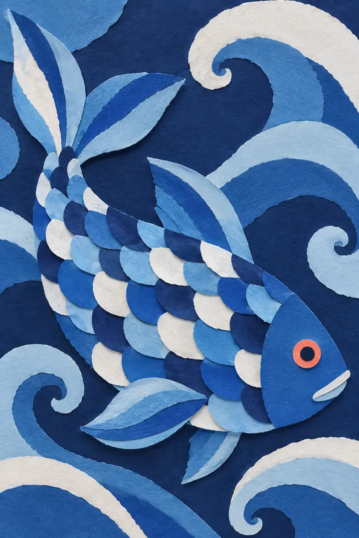 Cut-paper collage of a blue fish made of overlapping paper scales among curling waves