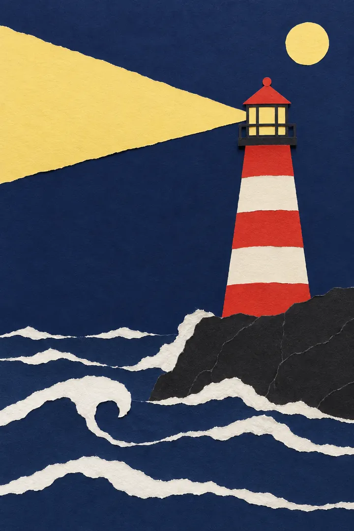 Cut-paper collage of a red and white striped lighthouse on a black rock, throwing a yellow beam across a navy night sky