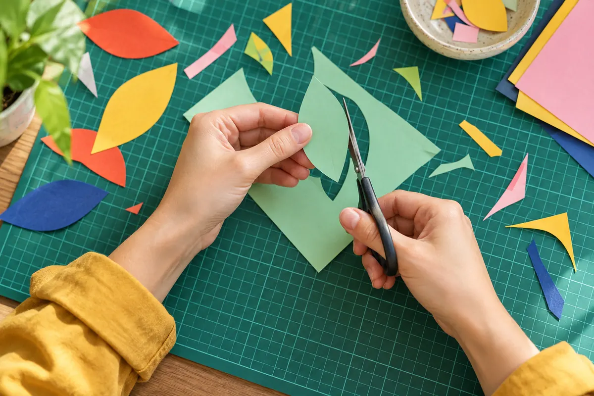 Two hands cutting a mint paper leaf over a green cutting mat
