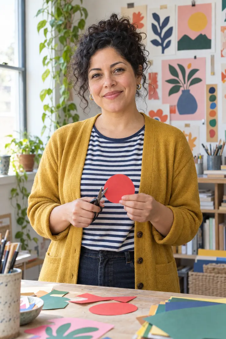 Ada Reyes in her studio in a mustard cardigan, holding small scissors and a red paper circle