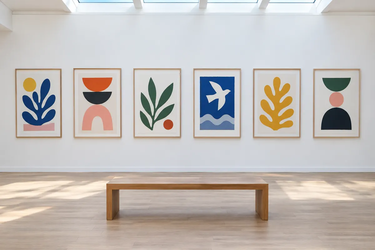 Six framed cut-paper collages hung in a row in a small white gallery