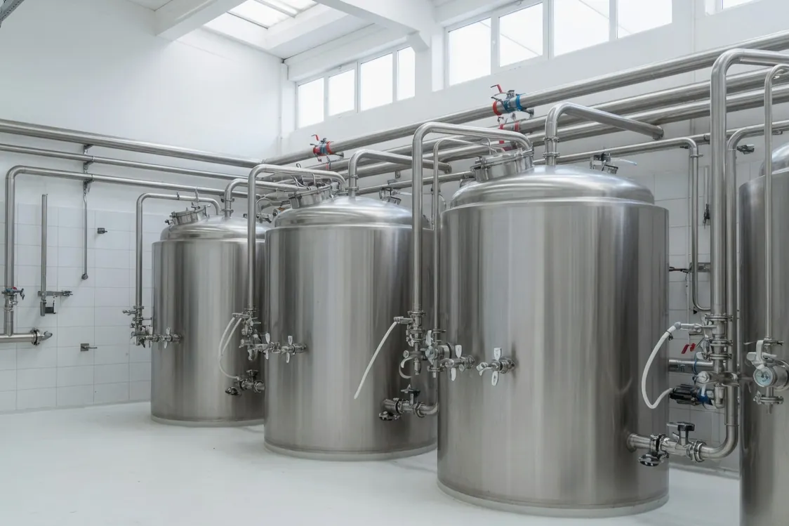Stainless steel tanks in a food processing hall