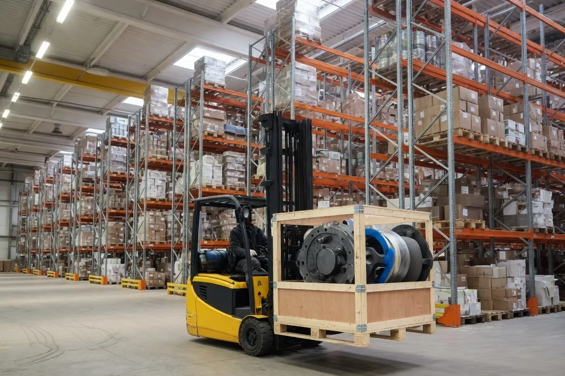 A forklift carries a crated machine part past tall parts racking