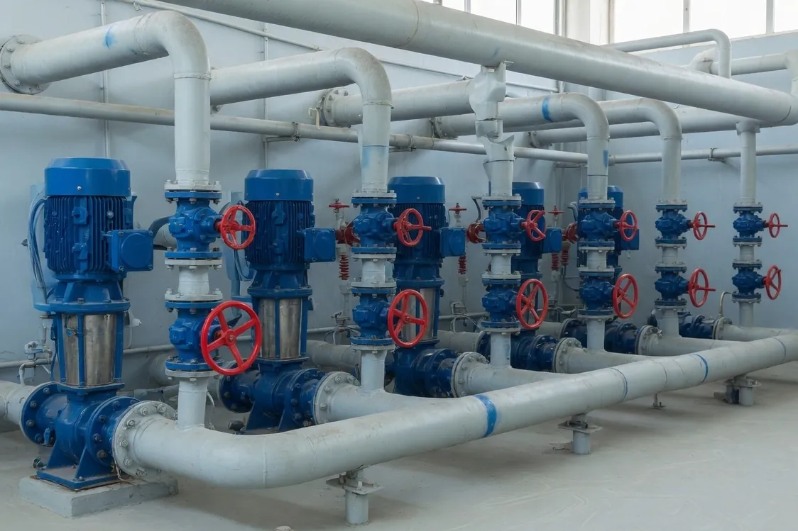 Blue vertical pumps in a water treatment pump room
