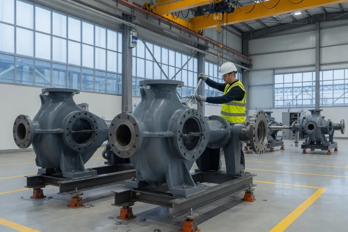 A technician checks a flange on a pump casing in a bright assembly hall