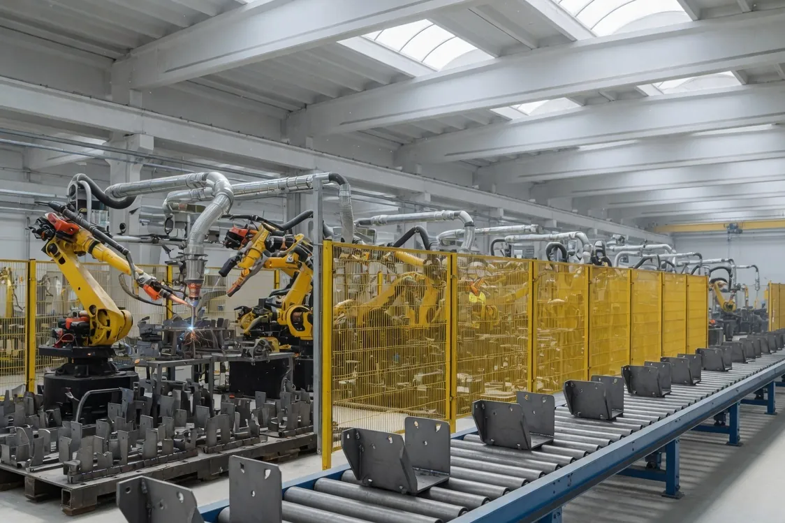 Robotic welding cells behind yellow safety fencing on a fabrication line