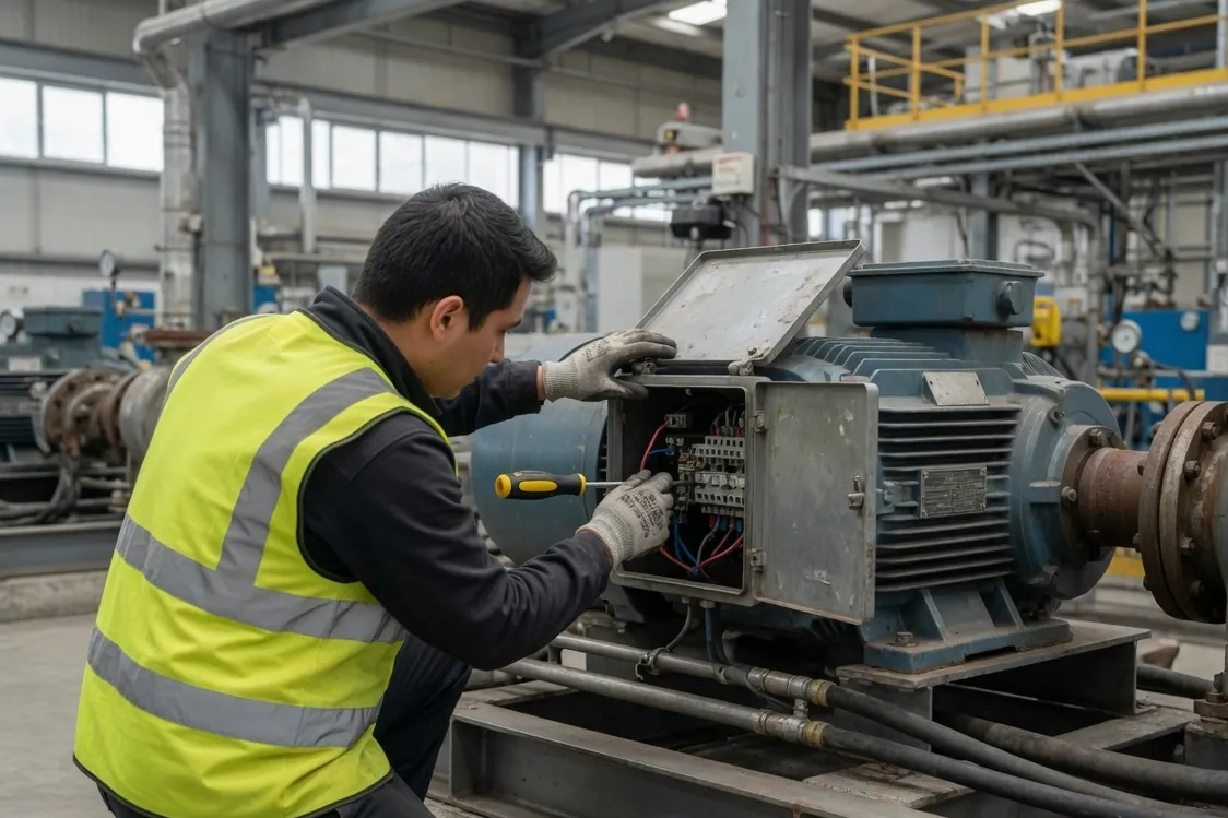 A technician in gloves opens the terminal box on a pump motor