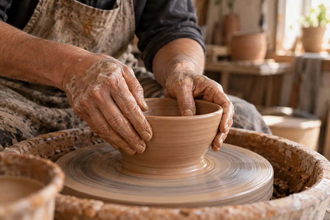 Hands shaping a clay bowl on a potter's wheel
