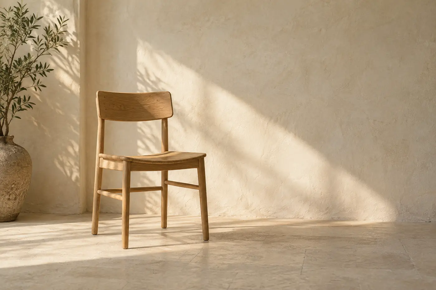 Afternoon Room, an oak chair in a slice of sun against a plaster wall