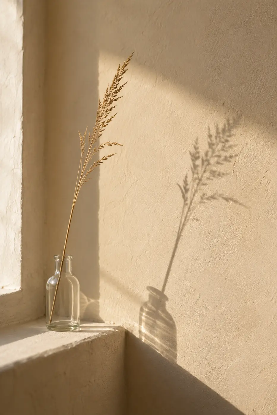 A dried grass stem in a glass bottle casting a long shadow on a pale wall
