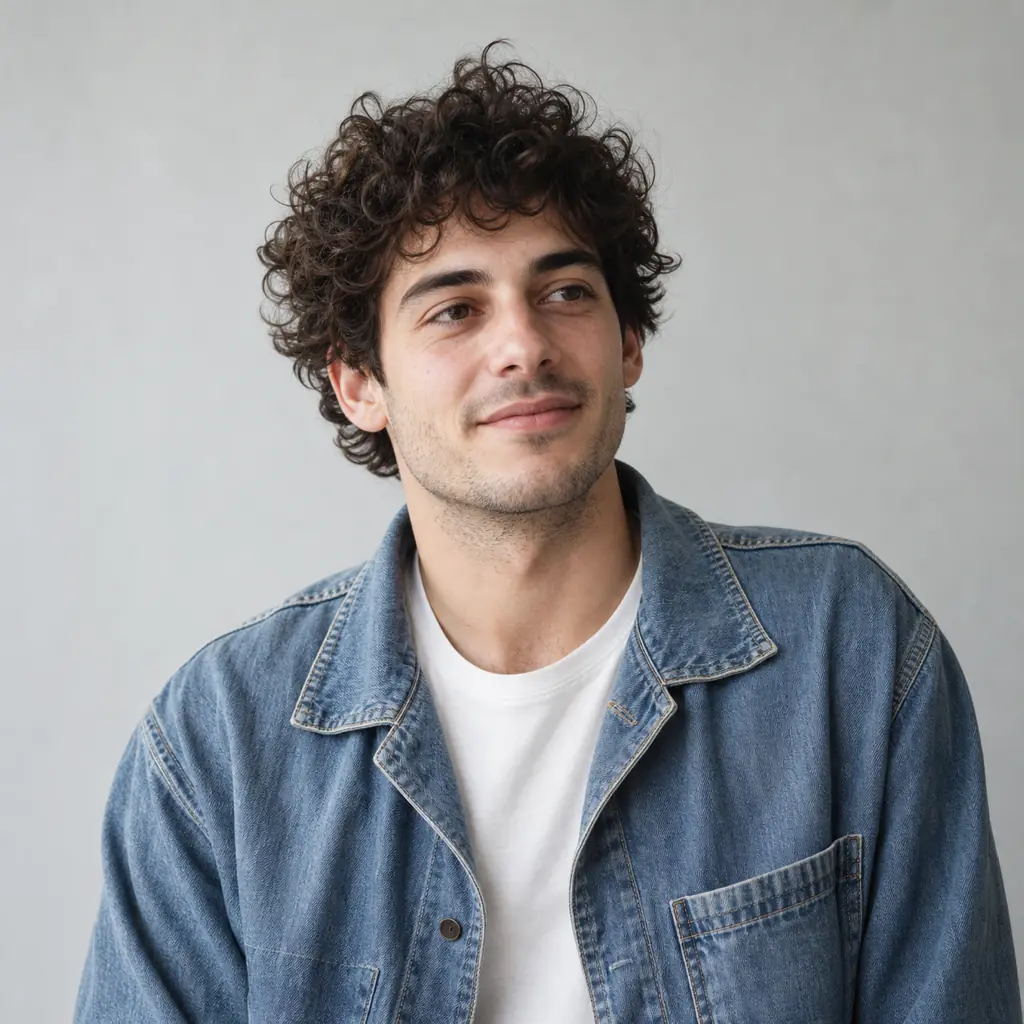 Portrait of Idris Kaya, a young man with curly hair in a denim jacket against a paper backdrop
