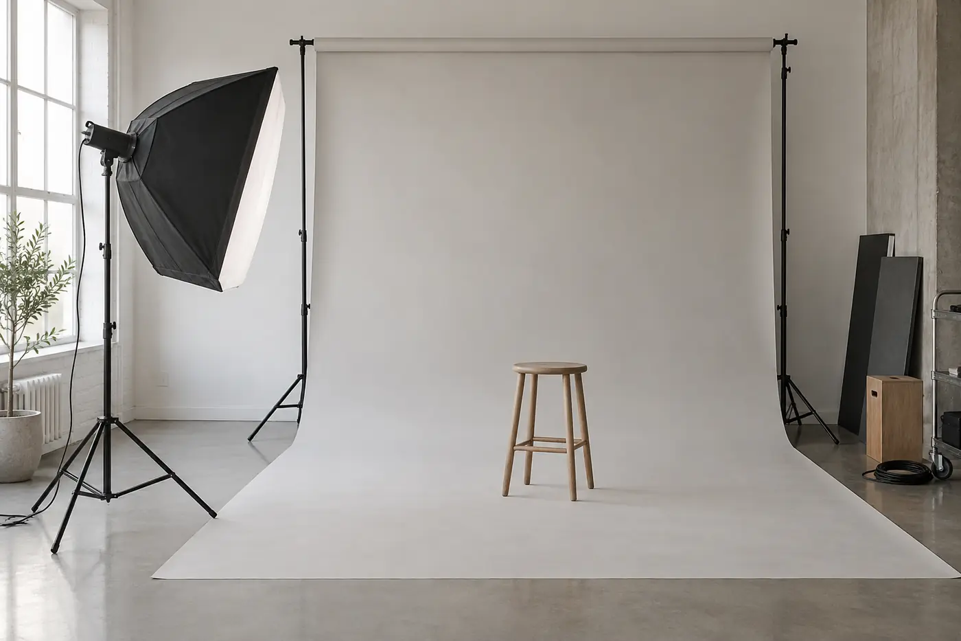 An empty studio with a paper backdrop and a softbox