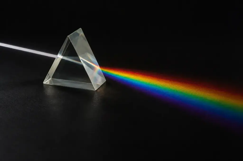 A glass prism splitting a beam of white light into a spectrum