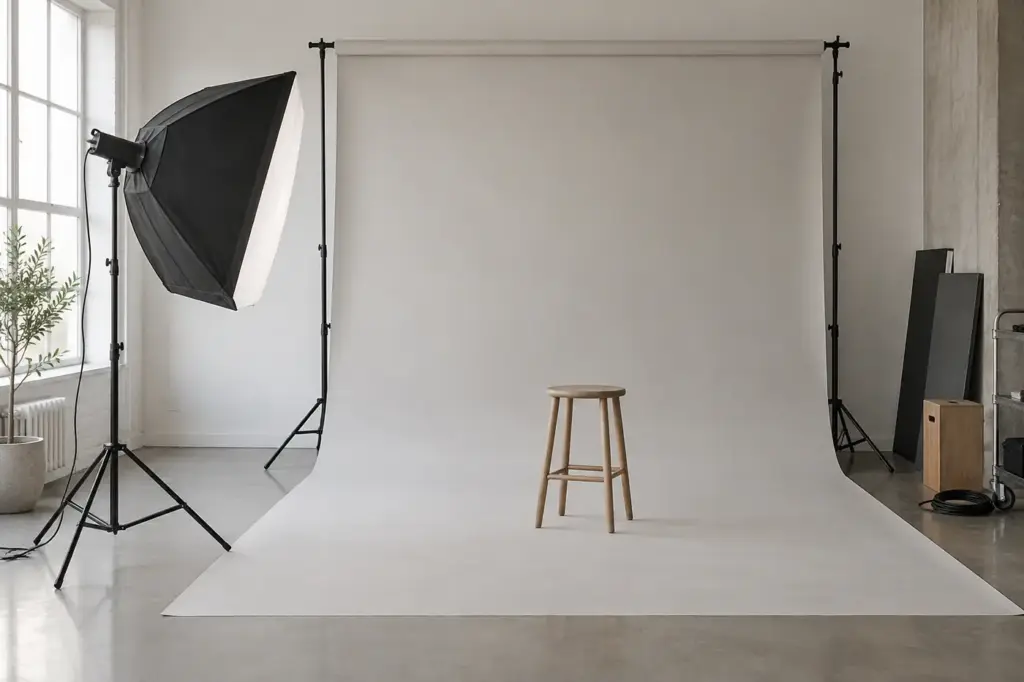An empty photo studio with a seamless paper backdrop and a softbox